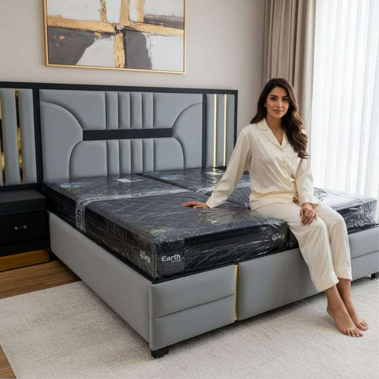 Luxury Grey King Size Bed with Designer Headboard and Storage